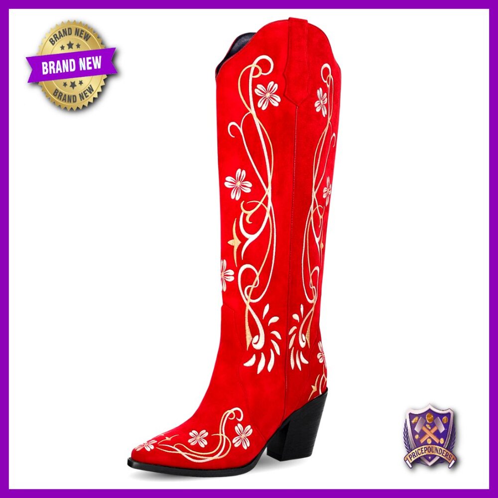 Floral Embroidered Suede Knee High Cowboy Boots Chunky Heel Pointed Toe